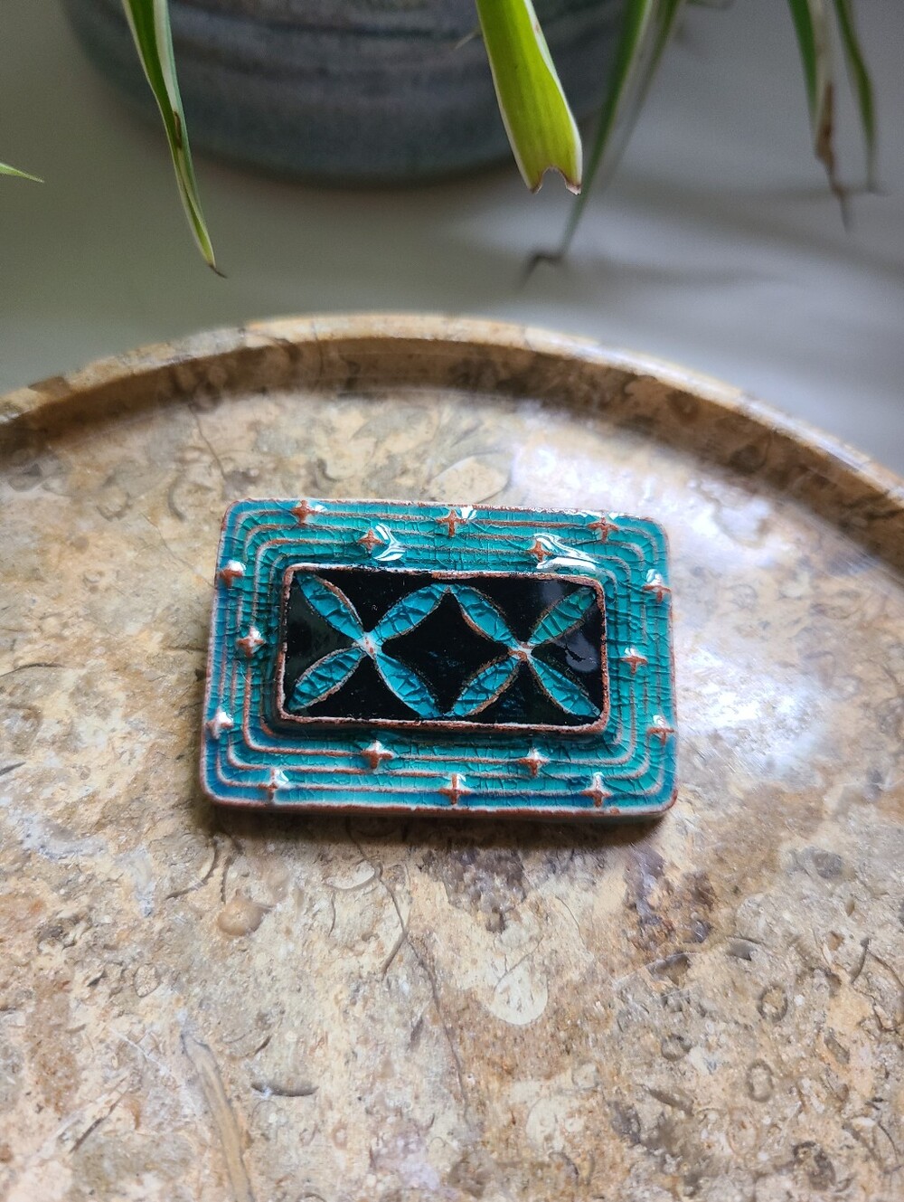 karlsruhe Majolica ceramic Germany Blue Brooch Pin Handmade Artistan